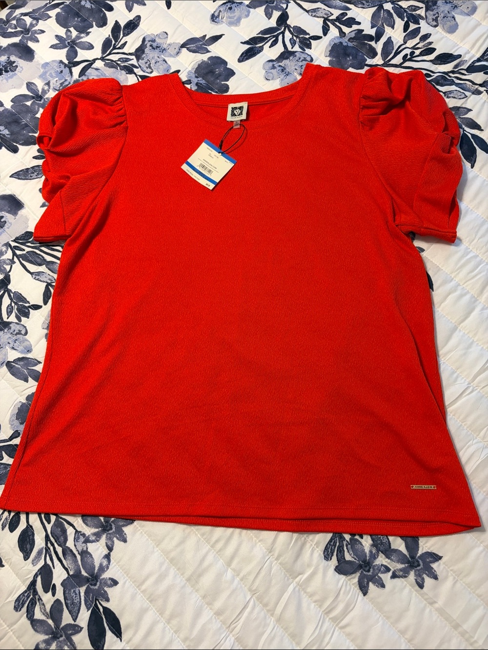 Anne Klein Red Puff Sleeve Short Sleeve Top